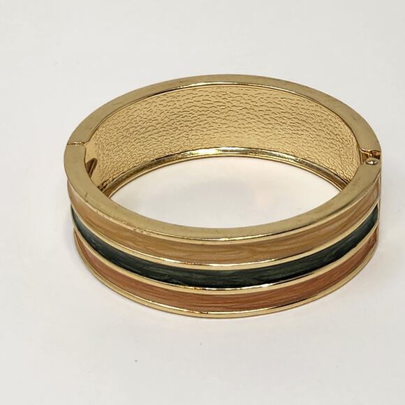 Gold Tone Wide Clamper Hinge Cuff Bracelet Cream Green Orange Shimmer Enamel - Picture 4 of 6